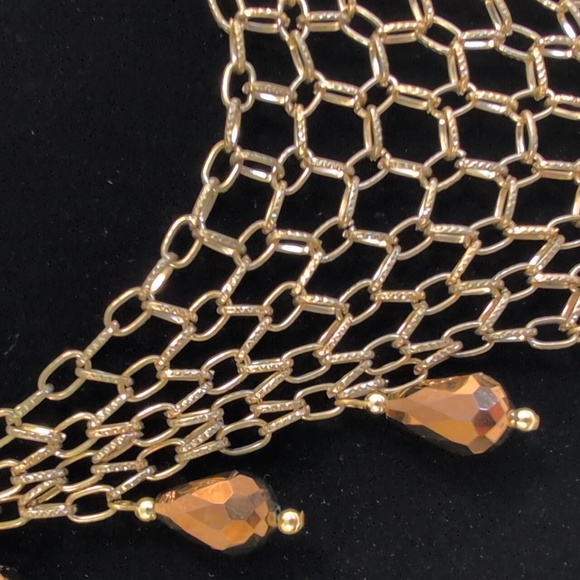 Vintage Statement Bib Necklace Gold Chain Mesh with Amber Faceted Teardrop Beads - Picture 3 of 10